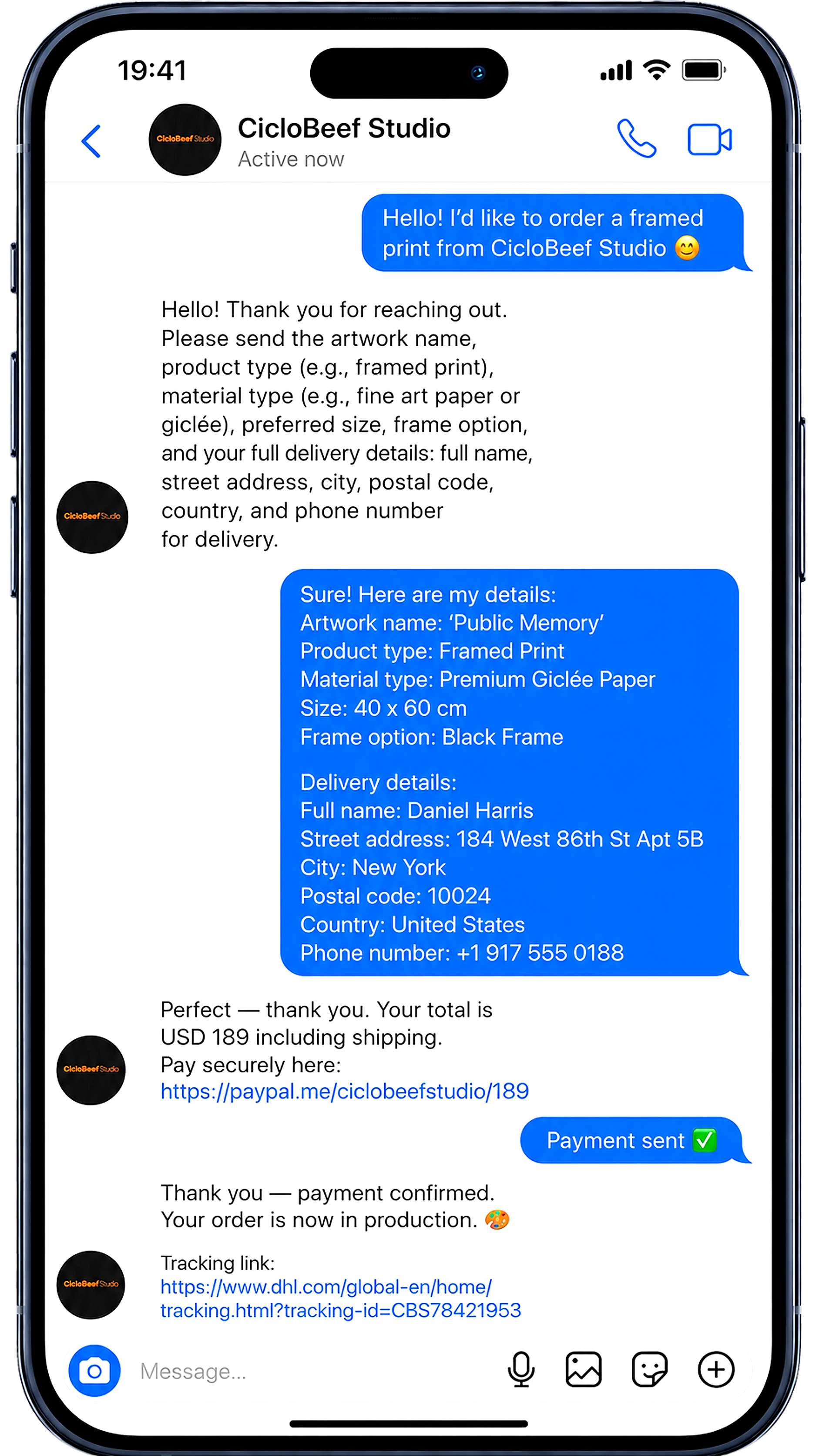 Instagram-style order flow showing the CicloBeef Studio purchase process from inquiry to payment confirmation and tracking